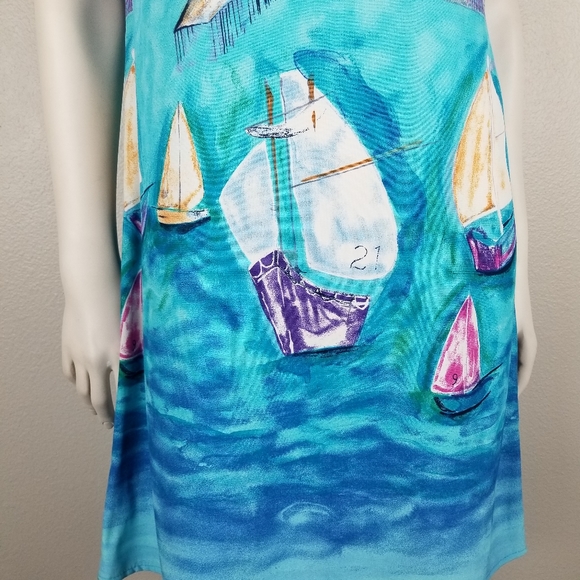 Vintage Blue Ocean Pier Scene Nautical Painted Look Shift Dress Size 6 - Picture 4 of 7